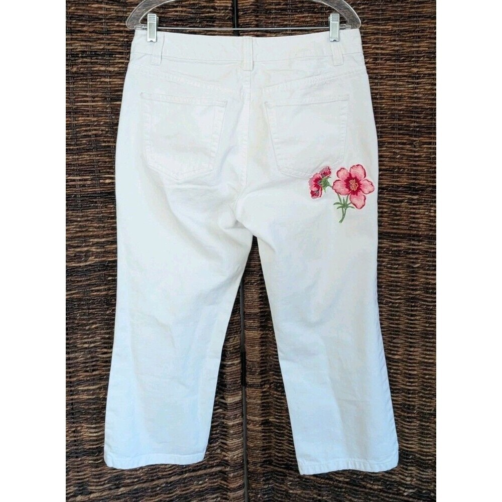 Tommy Hilfiger Floral Embroidered Cropped Capri Jeans Women 10 White Cottagecore